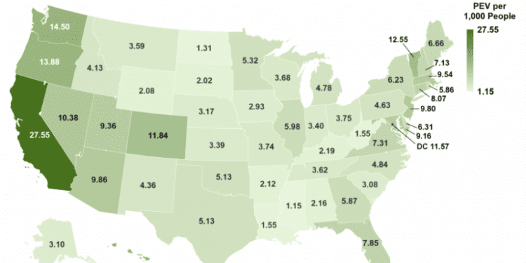 Number of Plug-In Vehicle Registrations Per Thousand People in 2022 Exceeds 10 in 7 States and Washington, D.C.